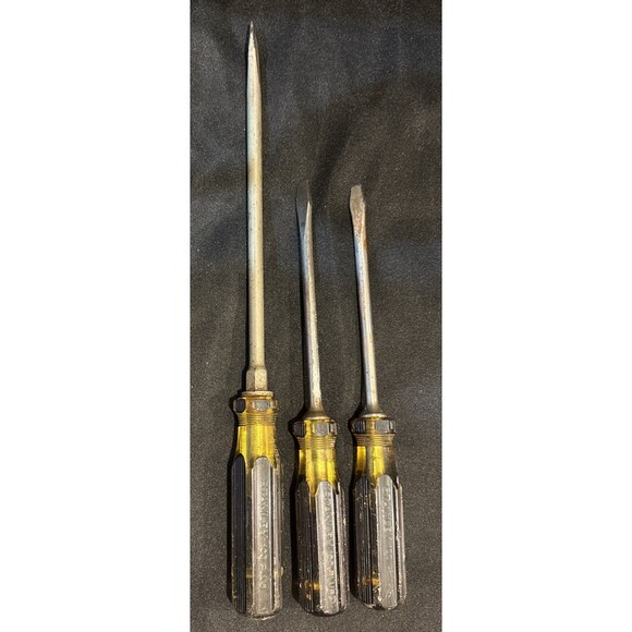 Set of 3 Vintage Stanley 100 Plus Flathead Yellow & Black Screwdrivers - Picture 1 of 7